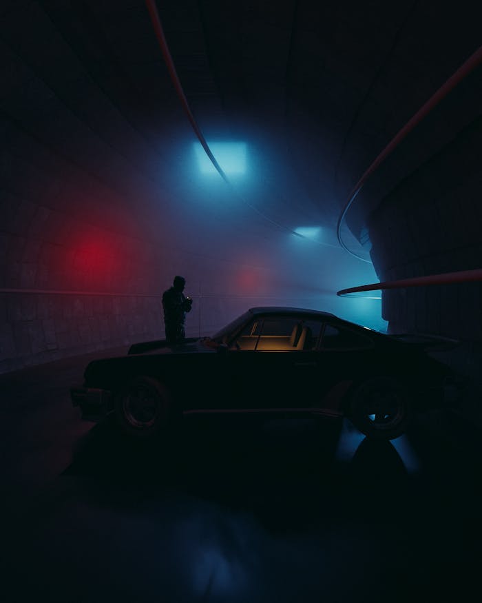 Silhouette of a person by a vintage car in a moody, neon-lit tunnel.